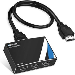 NEWCARE 4K HDMI Splitter 1 in 3 Out [with 4 FT HDMI Cable and Power Adapter], Aluminum Alloy 1×3 HDMI Splitter Support 4Kx2K,1080P, 3D, HDR,DTS/Doby-TrueHD for Xbox PS5/4 Roku,Not Support Extend Mode