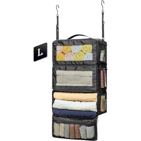 Hanging Shelves Packing Cubes for Travel, Collapsible Carry On Luggage Organizer, Portable Suitcase Organizer with 3-Shelf and mesh Pocket, Small, Black