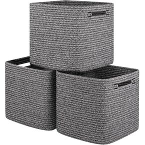 Storage Cubes 11 Inch Cotton Rope Woven Baskets for Organizing, 3-Pack Cube Storage Bin | Square Baskets for Shleves, Closet, Baby Nursery Bins, Black & Brown