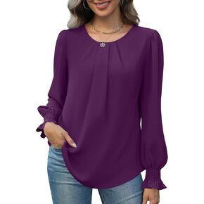 Funlingo Womens Tops Dressy Casual Smocked Long Sleeve Shirts Crew Neck Loose Chiffon Tunics Office Work Blouses