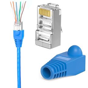 Solsop 100 قطعة RJ45 تمر عبر الموصلات + 100 قطعة غطاء حذاء RJ45، موصلات UTP Cat6 لسلك صلب 24-26AWG وكابل قياسي