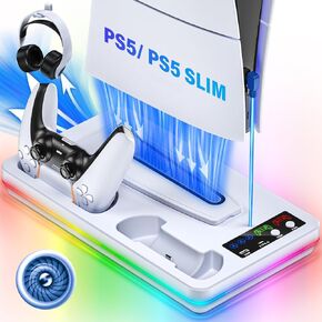 PS5 Slim/PS5/PS5 Pro Stand and Cooling Station with Controller Charging Station for PlayStation 5 Slim&Standard Disc/Digital Consoles, PS5 Cooler Accessories Incl PS5 Controller Charger, Cooling Fan