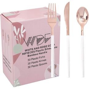 WDF 90Pieces Gold Plastic Silverware-Gold Plastic Cutlery with White Handle- Heavy Duty Plastic Thanksgiving Christmas Silverware Include 30Forks, 30 Spoons, 30 Knives for Thanksgiving