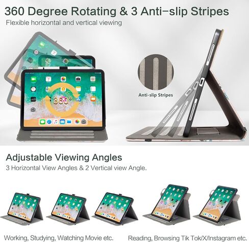 حافظة iPad Air 11 بوصة، حافظة iPad Air الجيل الخامس/الرابع، حافظة iPad Pro 11 بوصة الجيل الرابع/الثالث/الثاني/الأول، غطاء واقٍ يدور 360 درجة، حامل أقلام، خفيف الوزن، زهور سوداء in Kuwait