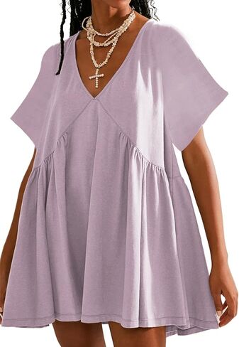 فستان Watashi النسائي الصيفي قصير الأكمام قصير الأكمام ورقبة على شكل حرف V كاجوال فضفاض ومطوي فستان قصير برقبة الدمية مع جيوب in Kuwait