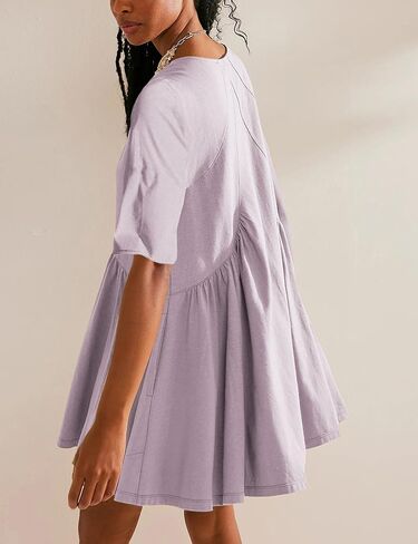 فستان Watashi النسائي الصيفي قصير الأكمام قصير الأكمام ورقبة على شكل حرف V كاجوال فضفاض ومطوي فستان قصير برقبة الدمية مع جيوب in Kuwait