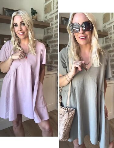 فستان Watashi النسائي الصيفي قصير الأكمام قصير الأكمام ورقبة على شكل حرف V كاجوال فضفاض ومطوي فستان قصير برقبة الدمية مع جيوب in Kuwait