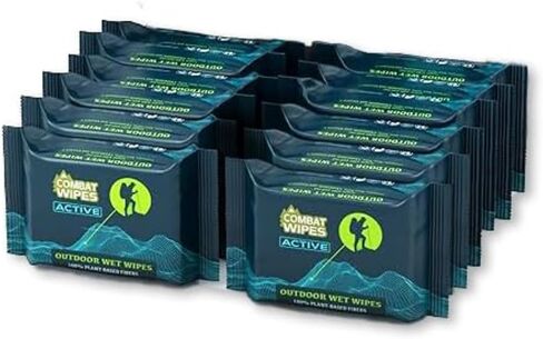 Combat Wipes ACTIVE Outdoor Wet Wipes - Extra Thick Camping Gear, Biodegradable, Body & Hand Cleansing/Refreshing Cloths for Backpacking & Gym w/Natural Aloe & Vitamin E, 25 Count in Kuwait