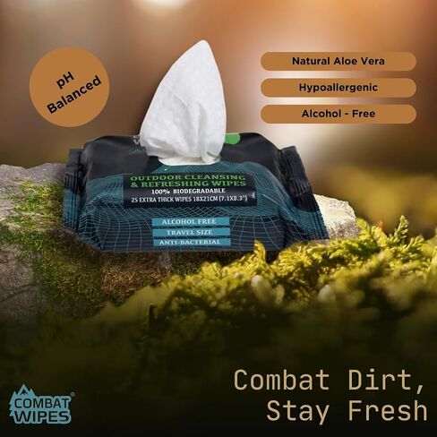 Combat Wipes ACTIVE Outdoor Wet Wipes - Extra Thick Camping Gear, Biodegradable, Body & Hand Cleansing/Refreshing Cloths for Backpacking & Gym w/Natural Aloe & Vitamin E, 25 Count in Kuwait