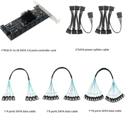 PCIe x1 to 16-Port SATA 3.0 Expansion Card, SATA Controller Adapter for Desktop PC, Supports HDD/SSD, Plug-and-Play, with 19inch SATA Splitter Cables in Kuwait