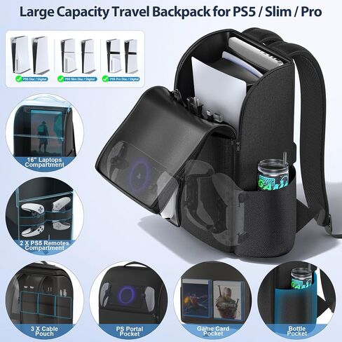Backpack for PS5/ Slim/ Pro Console, Full Protection PS5 Carrying Case Travel Bag, Large Capacity PS5 Storage Bag for Dual Controllers, PS Portal, Laptop, Game Cards, PS5 Backpack with 3 Cable Pouch in Saudi Arabia