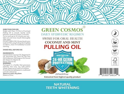 Coconut Mint Pulling Oil Mouthwash, 237ml Natural Teeth Whitening, Ayurvedic Daily Swish for Oral Health Alcohol & Fluoride Free, Healthy Gums, Fresh Breath, Solution for Bad Breath (One Pack) in Saudi Arabia