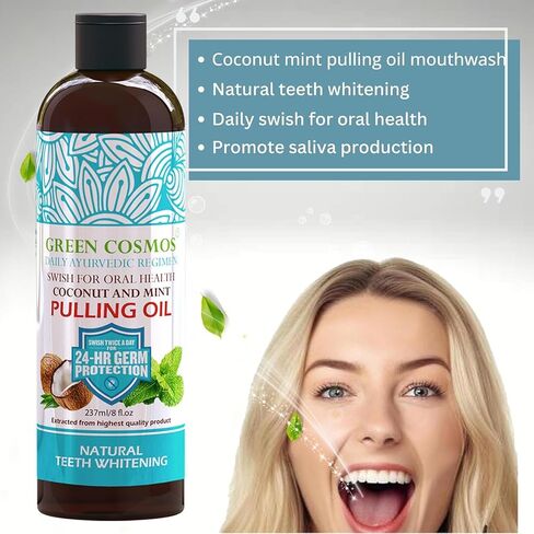 Coconut Mint Pulling Oil Mouthwash, 237ml Natural Teeth Whitening, Ayurvedic Daily Swish for Oral Health Alcohol & Fluoride Free, Healthy Gums, Fresh Breath, Solution for Bad Breath (One Pack) in Saudi Arabia