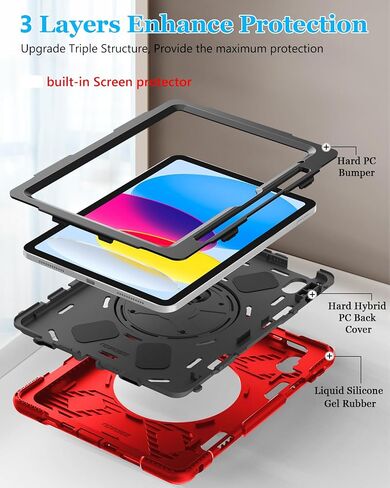 Case for iPad 10th Generation 2022:Miesherk Stock Military Grade Shockproof Rugged Case for iPad 10th Gen 10.9'' W/Screen Protector，Rotate Stand，Handle，Shoulder Strap，Pen Holder （Black） in Saudi Arabia