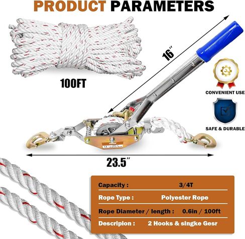 Rope Puller 3/4 Ton Capacity with 50Ft 0.6In Diameter Rope Come Along Winch 2 Hooks Rope with Single Gears for Tree Felling Moving Boats in Saudi Arabia