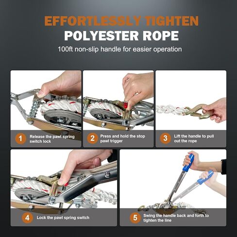 Rope Puller 3/4 Ton Capacity with 50Ft 0.6In Diameter Rope Come Along Winch 2 Hooks Rope with Single Gears for Tree Felling Moving Boats in Saudi Arabia