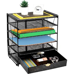 CAXXA 5 Tier Mesh Letter Tray, Desk File Organizer, Desktop Paper Tray Holder with Drawer, Black in Kuwait