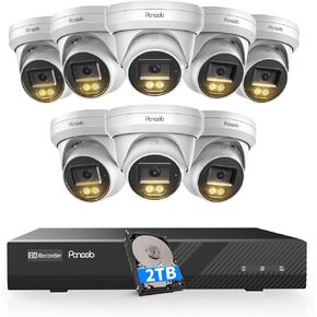 نظام كاميرا أمان 8 قنوات PoE، كاميرا برجية سلكية IP قبة 8X 5 ميجابكسل مع رؤية ليلية ملونة ذكية، وصول عن بعد، اكتشاف الإنسان بالذكاء الاصطناعي، ميكروفون مدمج، 4K 8CH NVR 2 تيرابايت HDD، PD93BA0808-5MD