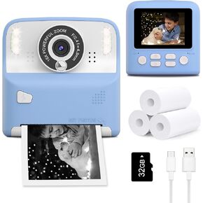 Instant Print Camera for Kids, Christmas Birthday Gifts for Age 3-12, 2.4 Inch Screen Children Selfie Digital Camera, Toddlers Portable Travel Toys for 3 4 5 6 7 8 9 10 Year Old Girls Boys (Blue)