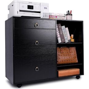 خزانة الملفات المتنقلة EasyPAG ذات 3 أدراج وخزانة الملفات الجانبية الخشبية ورفين مفتوحين للمستندات والورق ومجلدات الملفات المعلقة، أسود in Kuwait