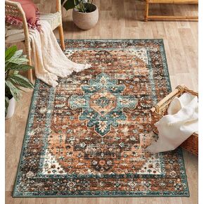 Moynesa Ultra-Thin Washable Vintage Area Rug - 3x5 Boho Entry Throw Rug Non-Slip Oriental Medallion Bedroom Mat Non-Shedding Indoor Floor Carpet for Living Laundry Room, Teal/Mutil