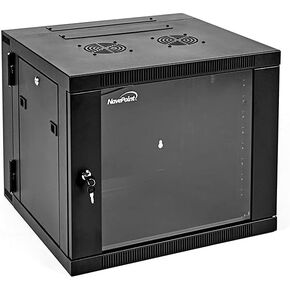 NavePoint 9U Server Cabinet with Hinged Back - 25.5" Deep, 9U Server Rack Enclosure with Locking Glass Door, Wall Mount Rack with Removable Side Panels, 9U Network Cabinet with 2 Fans, Pre-Assembled