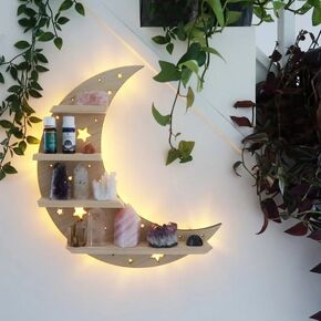Crystal Shelf Display Shelf Moon Decorative Shelf Wall Decoration Modern Living Room Bedroom Girl's Room Modern Decoration with LED Lights and Shelf Only (Moon-1)