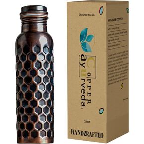 Copper Water Bottle, 32oz, Antique Black Diamond, Ayurvedic Water Bottle with Lid, for Hiking, Camping, Home, Office, Gym, Travel, Outdoor Activities