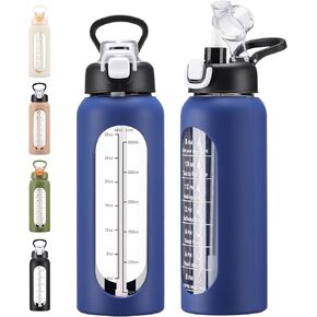 32 oz Glass Water Bolttles with Straw Large Motivational Water Bottle with Time Marker Sports Water Bottles with Silicone Sleeve and Handle Lid Water Jug for Gym Workout