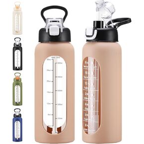 32 oz Glass Water Bolttles with Straw Large Motivational Water Bottle with Time Marker Sports Water Bottles with Silicone Sleeve and Handle Lid Water Jug for Gym Workout