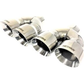 NETAMI 3" Inlet to 4" Quad Staggered Outlet Exhaust Tips Stainless Steel Dual Wall Black Chrome Finished A Pair