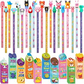 80 Pcs Scented Bookmarks and Scented Pencils with Cute Pencil Toppers Set Fun Pencils Fruit Food Theme Scratch and Sniff Bookmarks Cartoon Pencil Toppers for Kids Students Supplies (Cute Style)