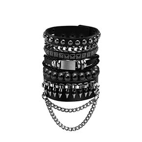 Eigso Black Leather Bracelet for Men Women Adjustable Hematite Punk Spike Metal Cuff Bangle