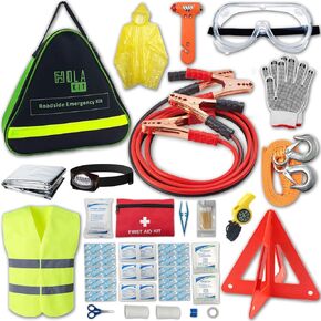 Auo Emergency Kit, 55-Piece Car Emergency Roadside Kit with Jumper Cables, First Aid Kit, Safety Hammer, Goggles, Tow Ropes and More Ideal Car Essential Accessories for Women and Men