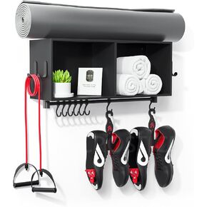 رف متوافق مع Peloton Original Bike and Bike Plus، رف مزود بخطافات، منظم حائط لسجادة اليوجا، منشفة، أحذية الدراجة، الزجاجات، الميداليات وما إلى ذلك - ملحقات لصالة الألعاب الرياضية المنزلية in Kuwait
