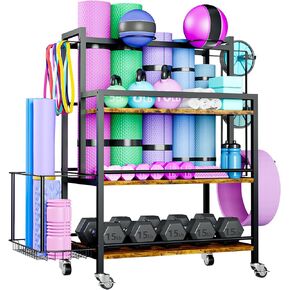 EasyCom Home Gym Storage Large Capacity Rack for Dumbbells Kettlebells Foam Roller, Yoga Mat Strap and Resistance Bands, Exercise/Workout Equipment Storage Gym Organizer With Hooks and Wheels