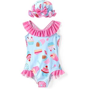 PATPAT Baby/Toddler Girls Swimsuits Ruffle Mermaid Floral One Piece Bathing Suit Beach Swimwear with Sun Hat