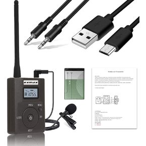 EXMAX Portable 0.2W/200mW Stereo Wireless FM Transmitter Radio MP3 Music Player Broadcast with 3.5mm AUX Microphone Support TF Card for Tour Guide System Teaching Simultaneous Meeting Black