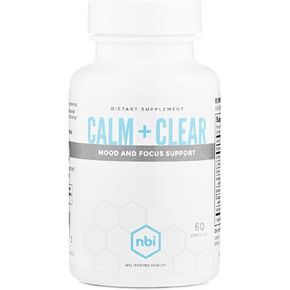 Calm + Clear Mood and Focus Support | Natural Stress and Adrenal Support with Magnesium, GABA, Ashwagandha, L-Theanine, Glycine, Bacopa, Skullcap, and Hops Powder | 60 Count Capsules