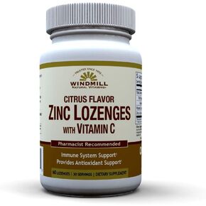 Windmill Health Natural Vitamins Zinc Lozenges with Vitamin C Honey Lemon Flavor, Immune System Support, Provides Antioxidant Support, Delicious & Fast Acting, 60 Lozenges, 30 Servings.
