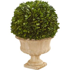 Nearly Natural 12in. Boxwood Topiary Ball Preserved Plant in Decorative Urn