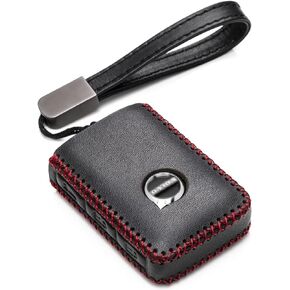 Vitodeco Genuine Leather Smart Key Fob Case Compatible with Volvo XC40, XC60, XC90, S90, S60, V60, V90 2019-2024 (4-Button, Black/Red)