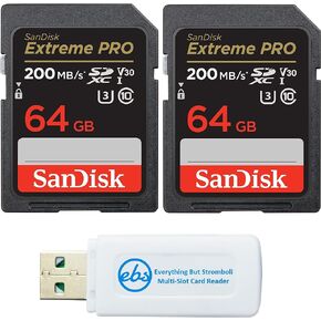 SanDisk 64GB SDXC SD Extreme Pro Memory Card (Two Pack) Works with Nikon D3500, D7500, D5600 Digital DSLR Camera 4K V30 U3 (SDSDXXU-064G-GN4IN) Plus (1) Everything But Stromboli Multi Slot Reader