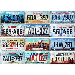 12 Pieces Vintage State License Plates for Decoration Tin Signs Vintage US State Number Tags Metal Vintage Automotive Signs for Man Cave Garage Bar Home Wall Decor, 6 x 12 Inch