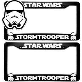 (2) Star Wars Storm Troopers License Plate Frames Bracket 3D Raised Letters, Black w/White Lettering