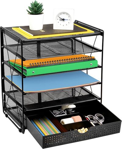 CAXXA 5 Tier Mesh Letter Tray, Desk File Organizer, Desktop Paper Tray Holder with Drawer, Black in Kuwait