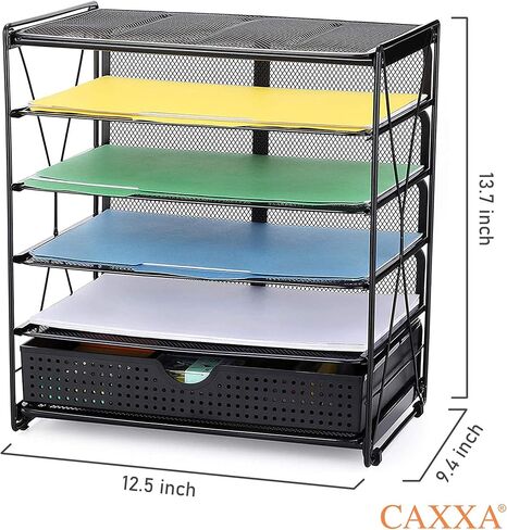 CAXXA 5 Tier Mesh Letter Tray, Desk File Organizer, Desktop Paper Tray Holder with Drawer, Black in Kuwait