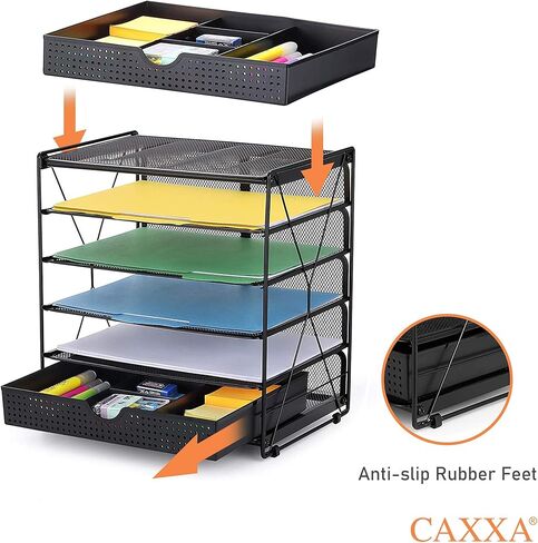 CAXXA 5 Tier Mesh Letter Tray, Desk File Organizer, Desktop Paper Tray Holder with Drawer, Black in Kuwait