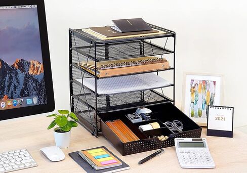 CAXXA 5 Tier Mesh Letter Tray, Desk File Organizer, Desktop Paper Tray Holder with Drawer, Black in Kuwait