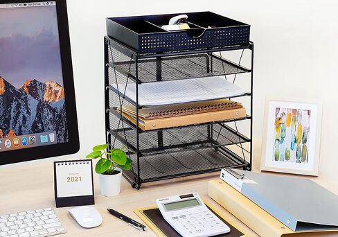 CAXXA 5 Tier Mesh Letter Tray, Desk File Organizer, Desktop Paper Tray Holder with Drawer, Black in Kuwait